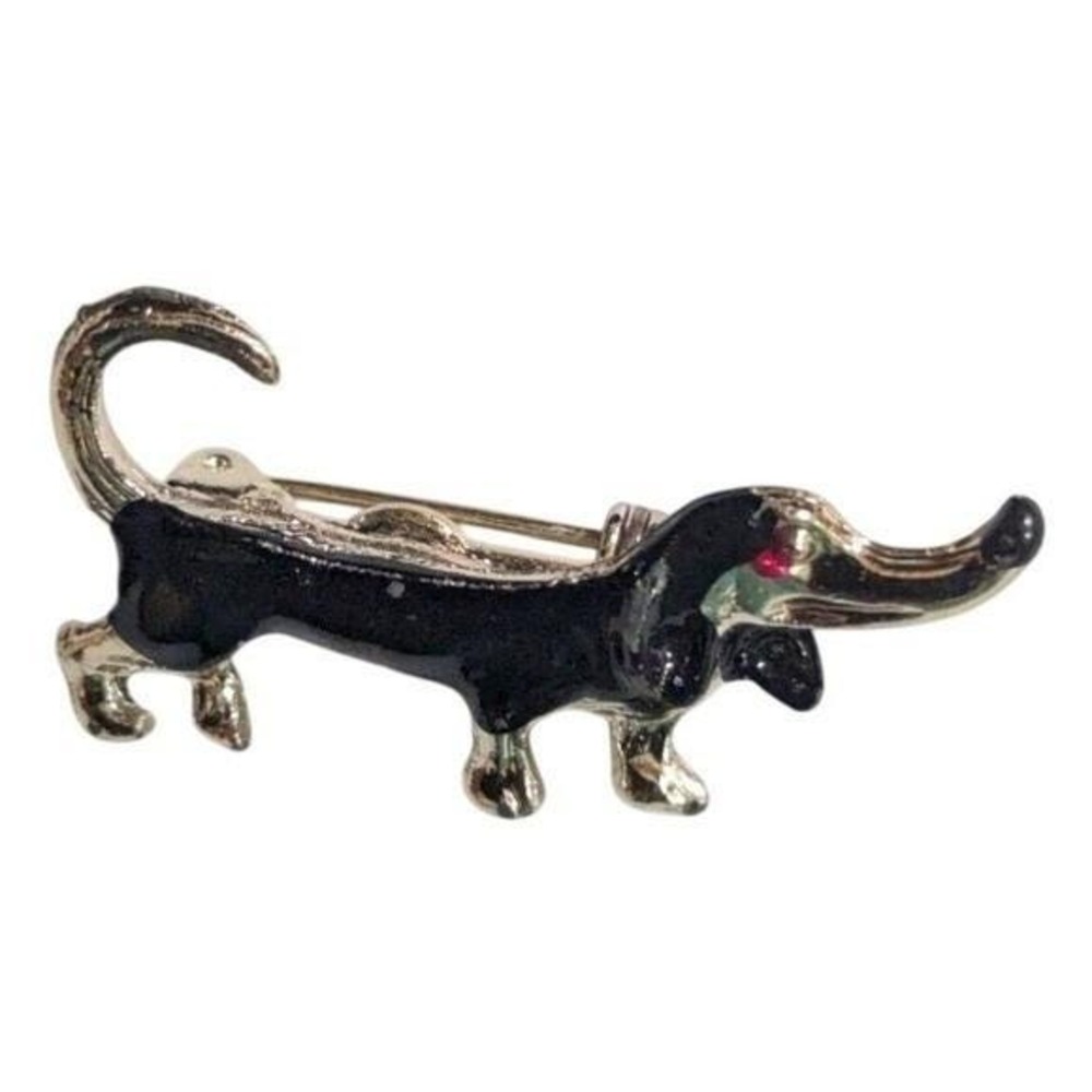 Vintage Black Enamel Dachshund Dog Brooch Gold Tone Red Eye Wiener Dog Pin